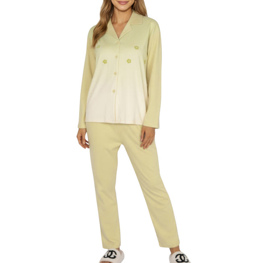 2-Piece Set Long Sleeve Button Front Top and Relaxed Fit Pants Pajama Set with Minimalist Floral Detail