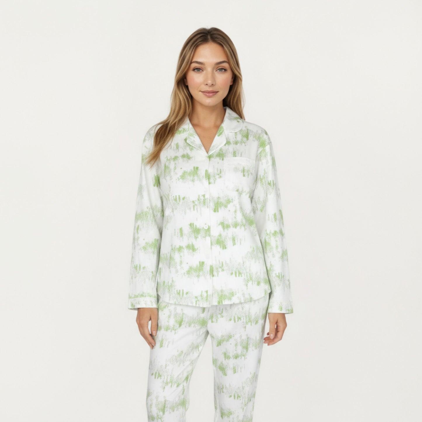 2-Piece Set Long Sleeve Button Front Top with Built-In Chest Pads and Relaxed Fit Pants Pajama Set with Brushstroke Print