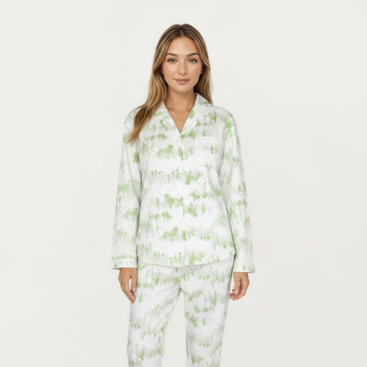 2-Piece Set Long Sleeve Button Front Top with Built-In Chest Pads and Relaxed Fit Pants Pajama Set with Brushstroke Print