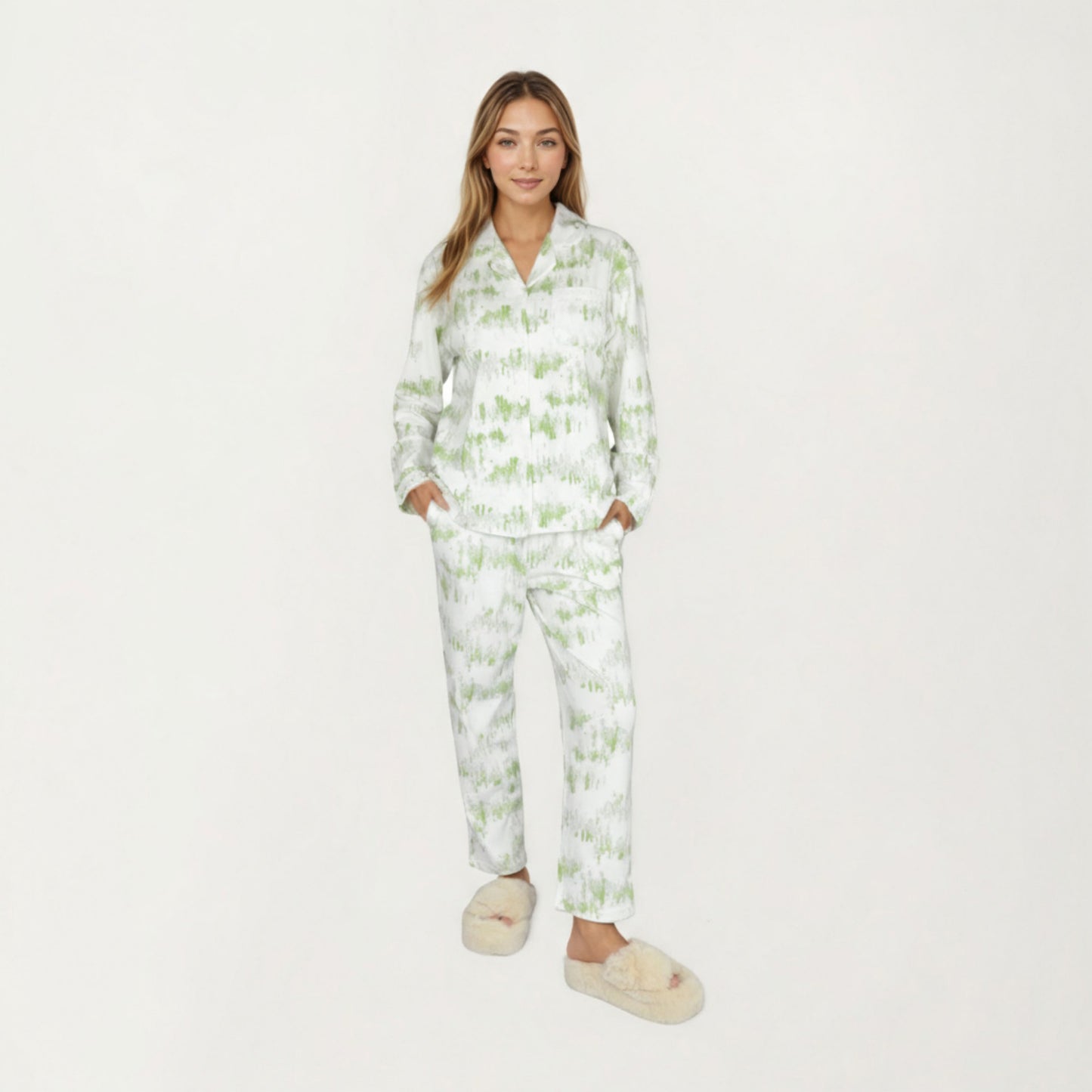 2-Piece Set Long Sleeve Button Front Top with Built-In Chest Pads and Relaxed Fit Pants Pajama Set with Brushstroke Print