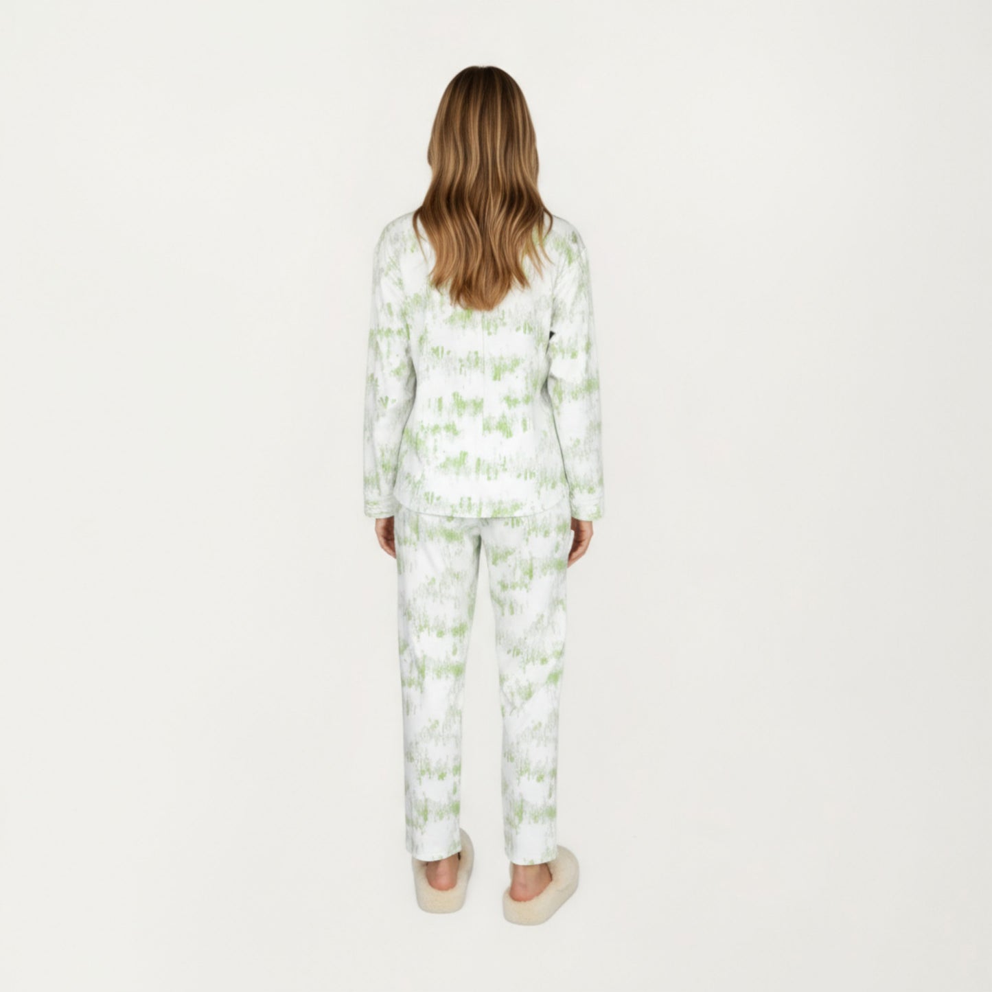 2-Piece Set Long Sleeve Button Front Top with Built-In Chest Pads and Relaxed Fit Pants Pajama Set with Brushstroke Print