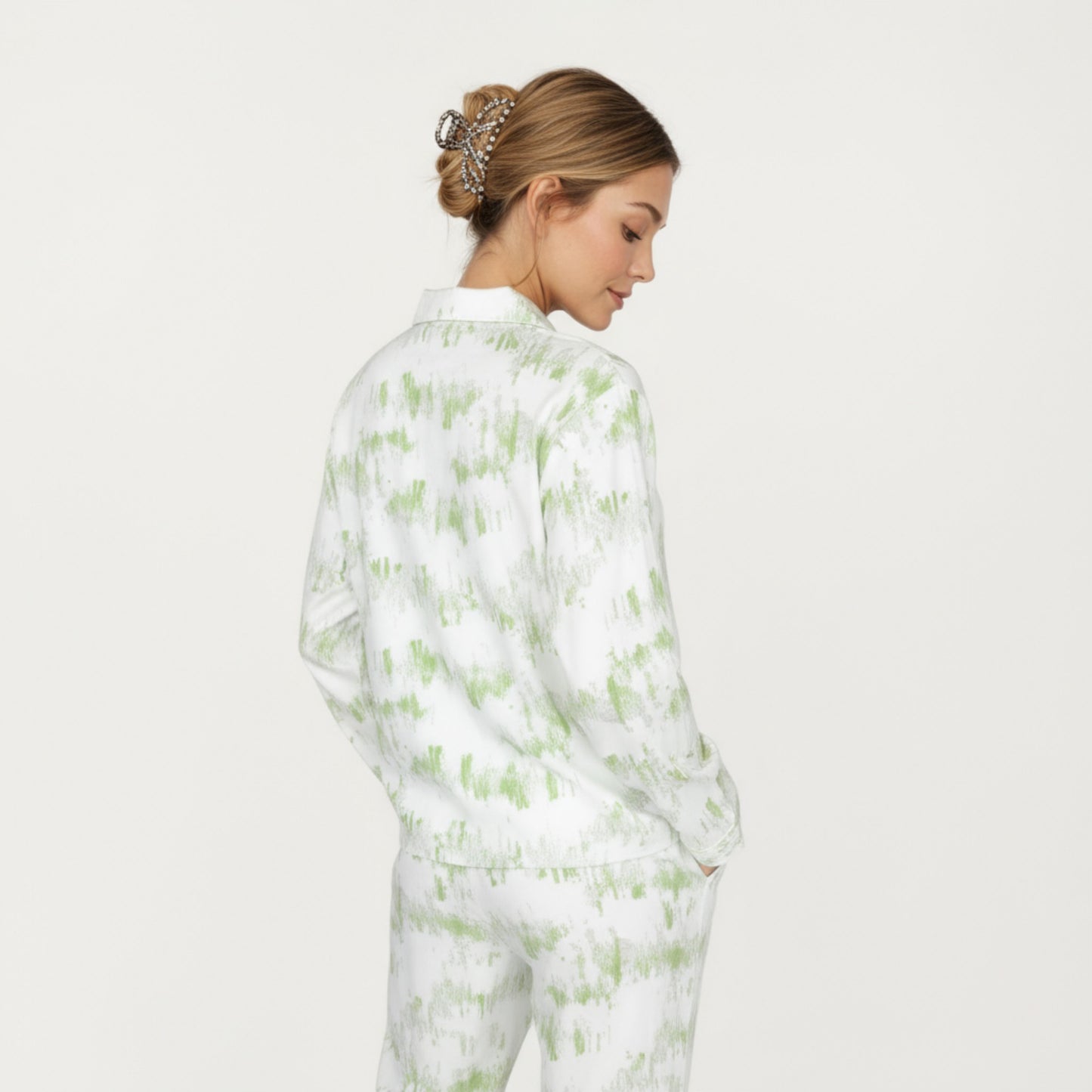 2-Piece Set Long Sleeve Button Front Top with Built-In Chest Pads and Relaxed Fit Pants Pajama Set with Brushstroke Print