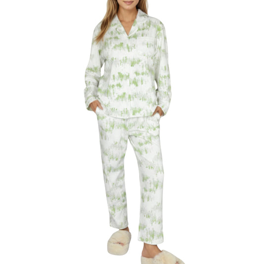 2-Piece Set Long Sleeve Button Front Top with Built-In Chest Pads and Relaxed Fit Pants Pajama Set with Brushstroke Print