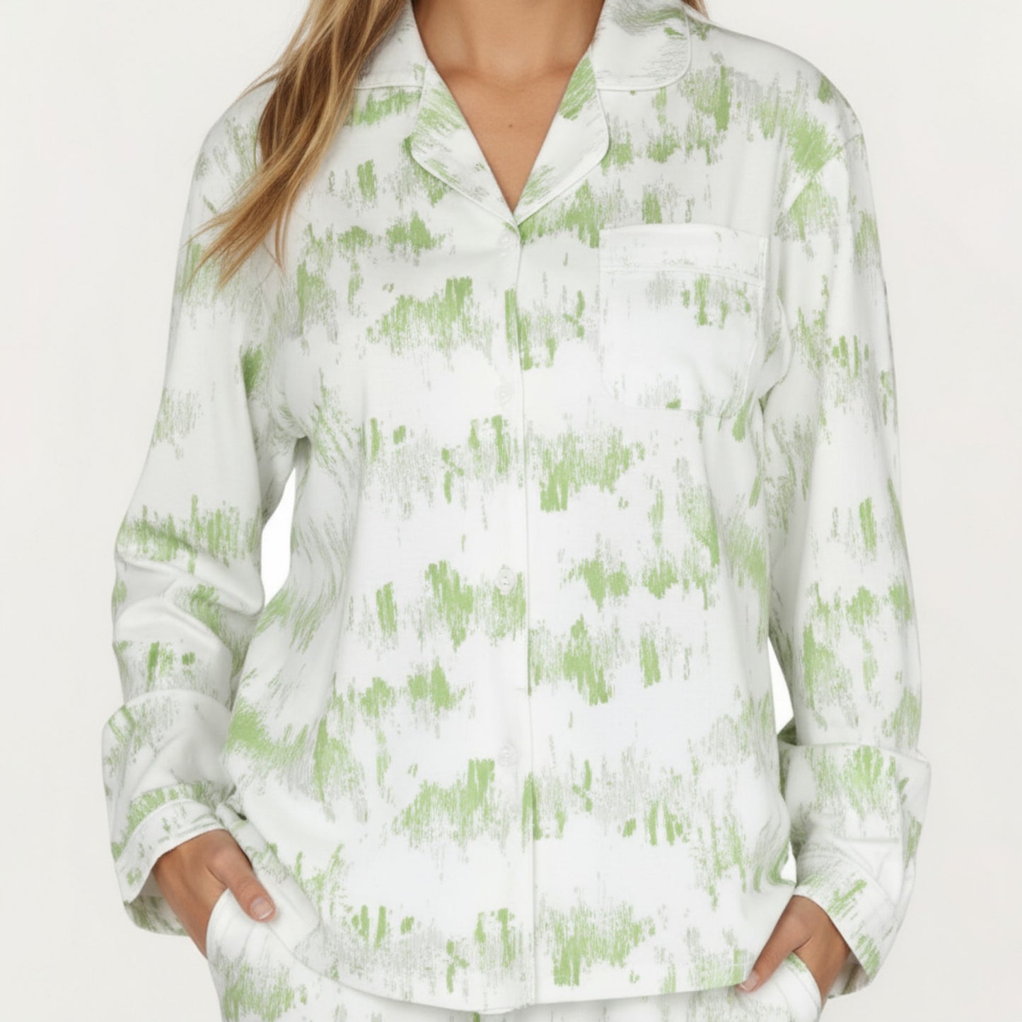 2-Piece Set Long Sleeve Button Front Top with Built-In Chest Pads and Relaxed Fit Pants Pajama Set with Brushstroke Print