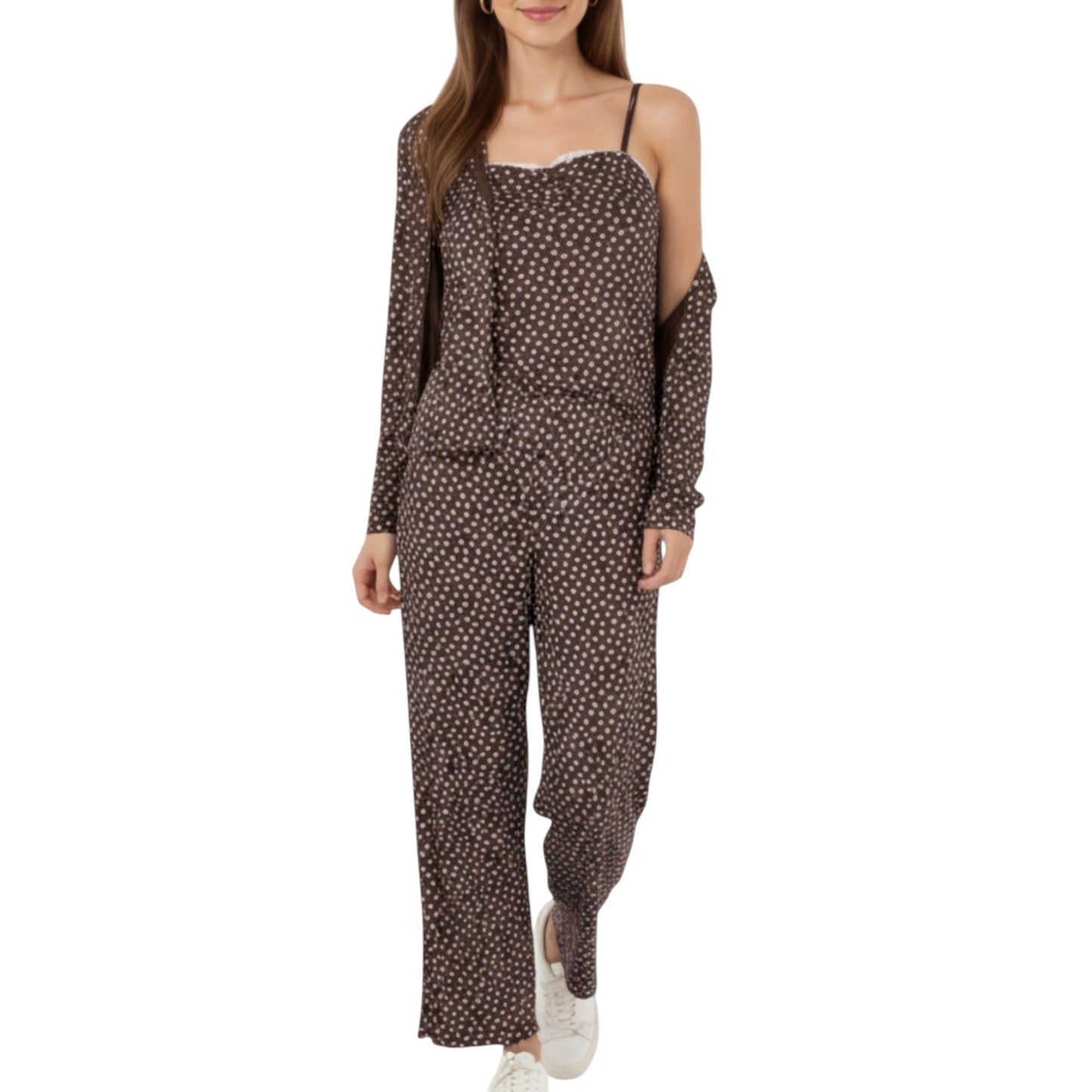 3-Piece Set Long Sleeve Padded Button Top, Camisole, and Relaxed Fit Pants Pajama Set with Soft Knit Fabric