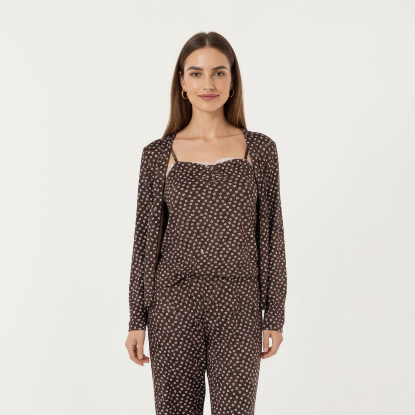 3-Piece Set Long Sleeve Padded Button Top, Camisole, and Relaxed Fit Pants Pajama Set with Soft Knit Fabric