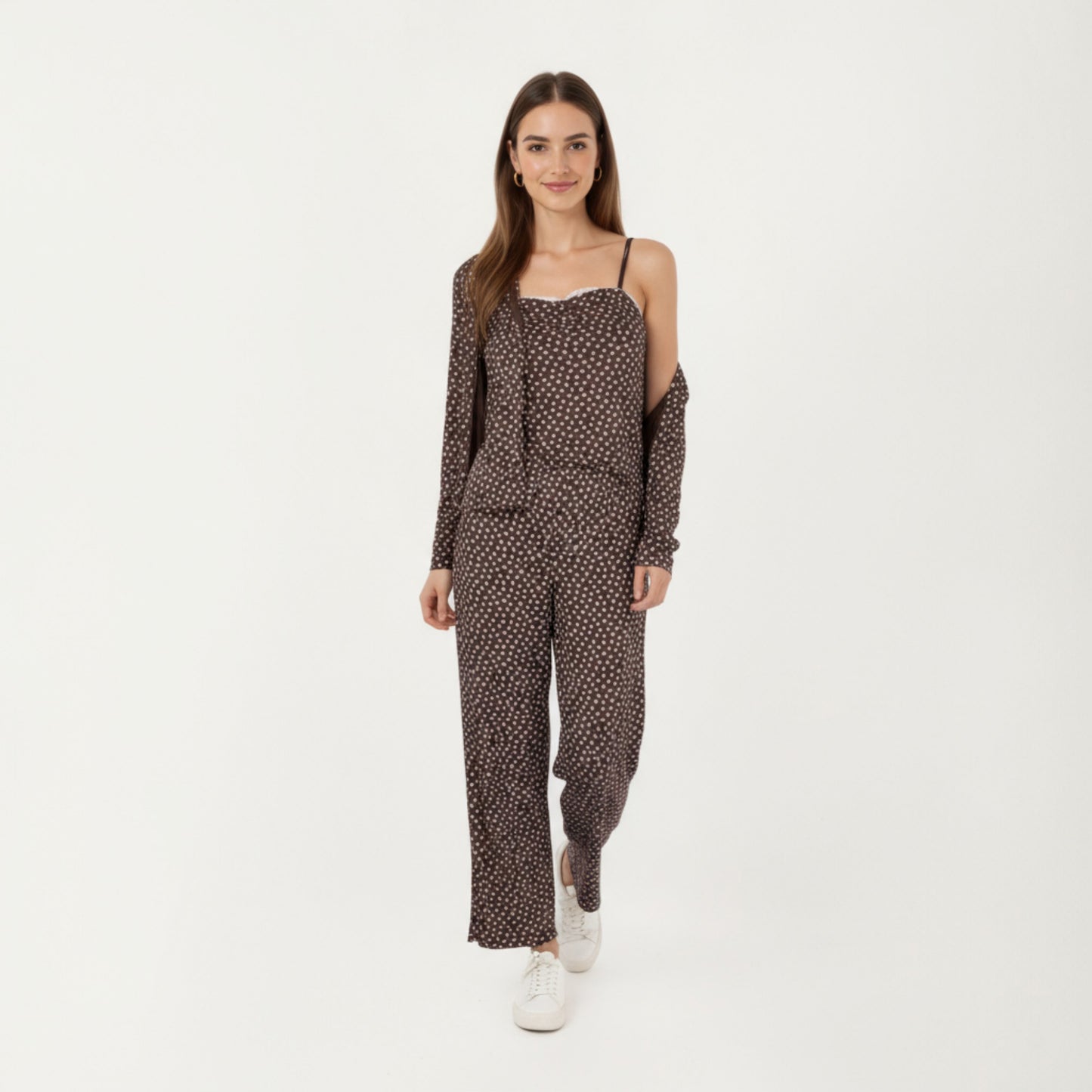 3-Piece Set Long Sleeve Padded Button Top, Camisole, and Relaxed Fit Pants Pajama Set with Soft Knit Fabric