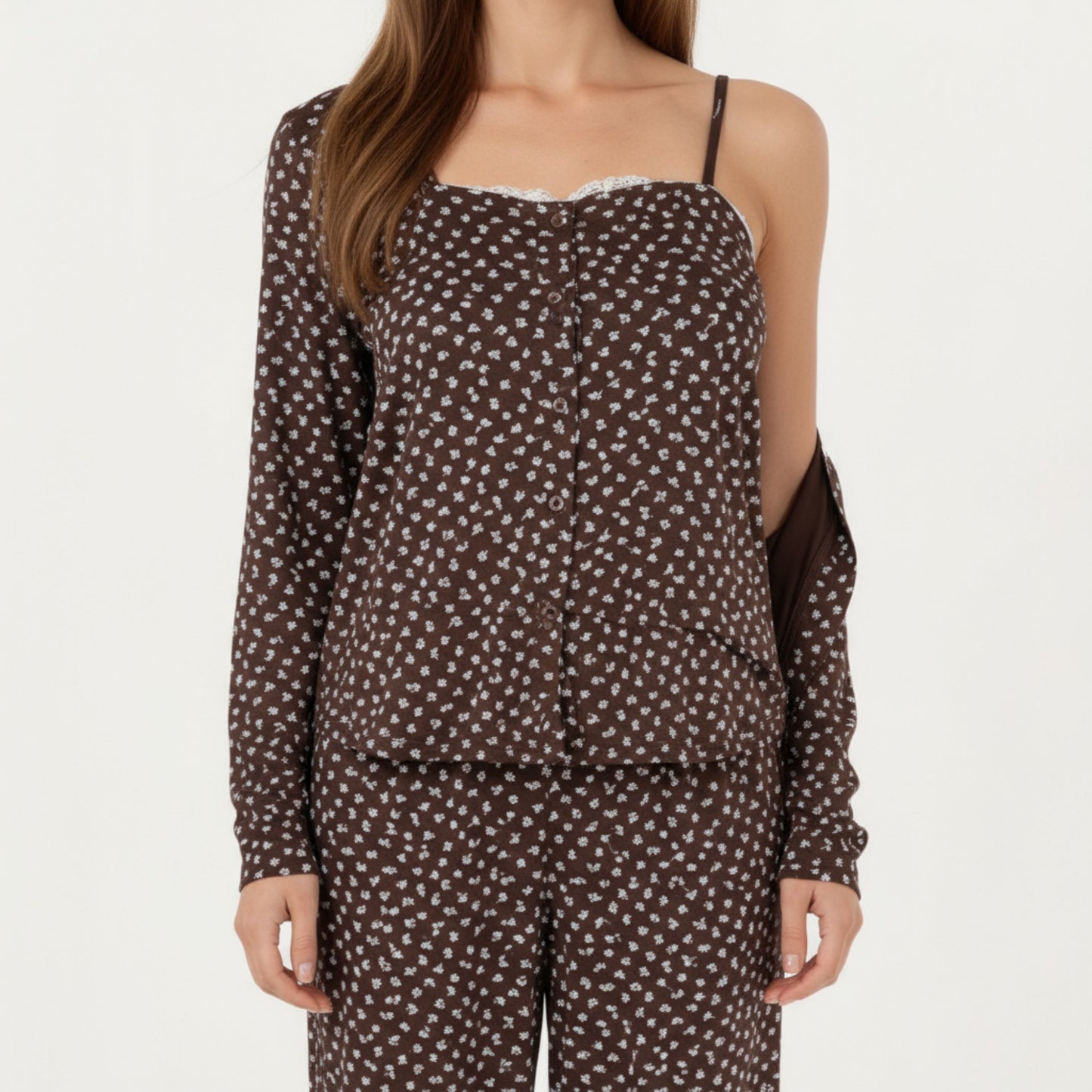 3-Piece Set Long Sleeve Padded Button Top, Camisole, and Relaxed Fit Pants Pajama Set with Soft Knit Fabric