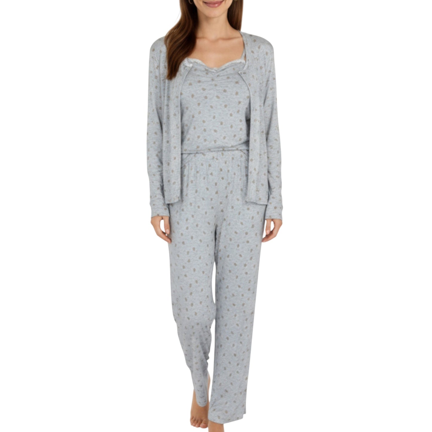 3-Piece Set Long Sleeve Padded Button Top, Camisole, and Relaxed Fit Pants Pajama Set with Soft Knit Fabric