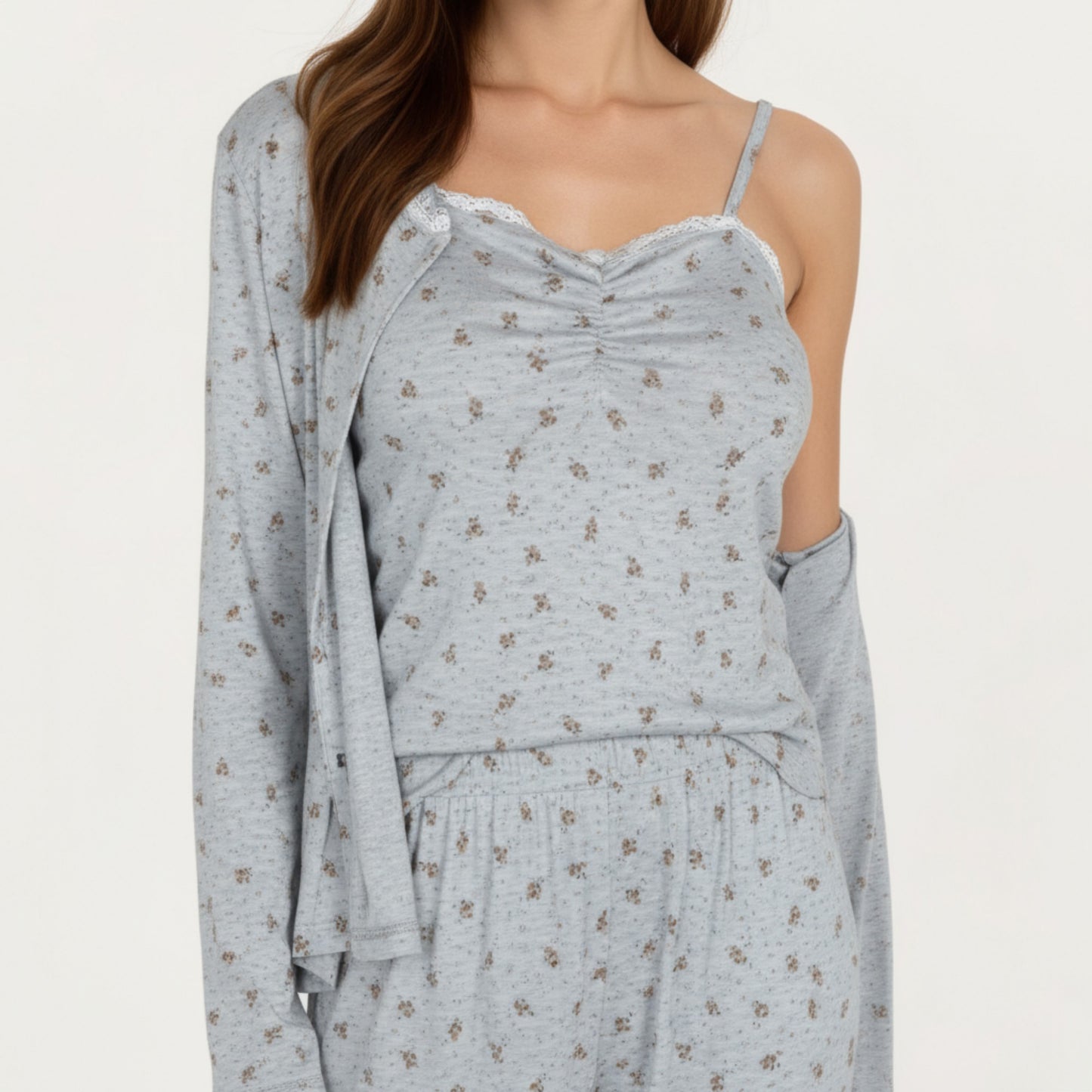 3-Piece Set Long Sleeve Padded Button Top, Camisole, and Relaxed Fit Pants Pajama Set with Soft Knit Fabric