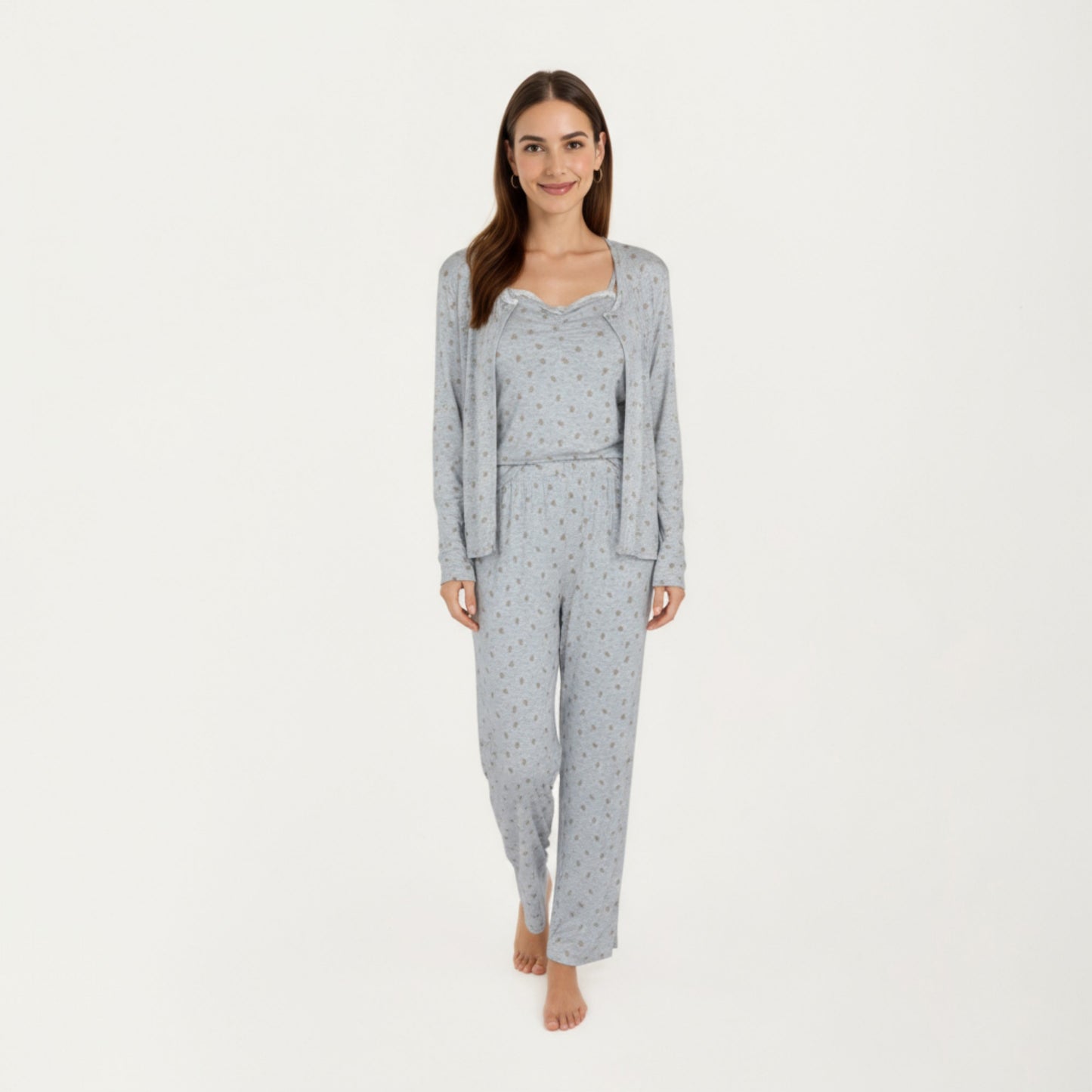 3-Piece Set Long Sleeve Padded Button Top, Camisole, and Relaxed Fit Pants Pajama Set with Soft Knit Fabric