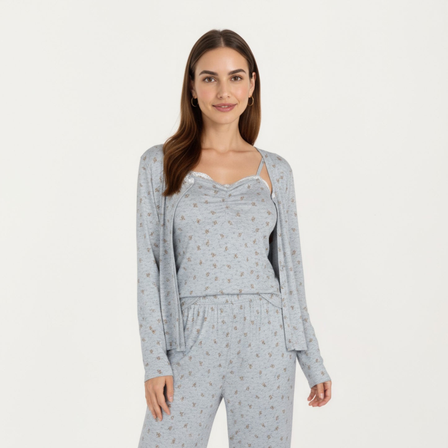 3-Piece Set Long Sleeve Padded Button Top, Camisole, and Relaxed Fit Pants Pajama Set with Soft Knit Fabric