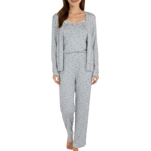 3-Piece Set Long Sleeve Padded Button Top, Camisole, and Relaxed Fit Pants Pajama Set with Soft Knit Fabric