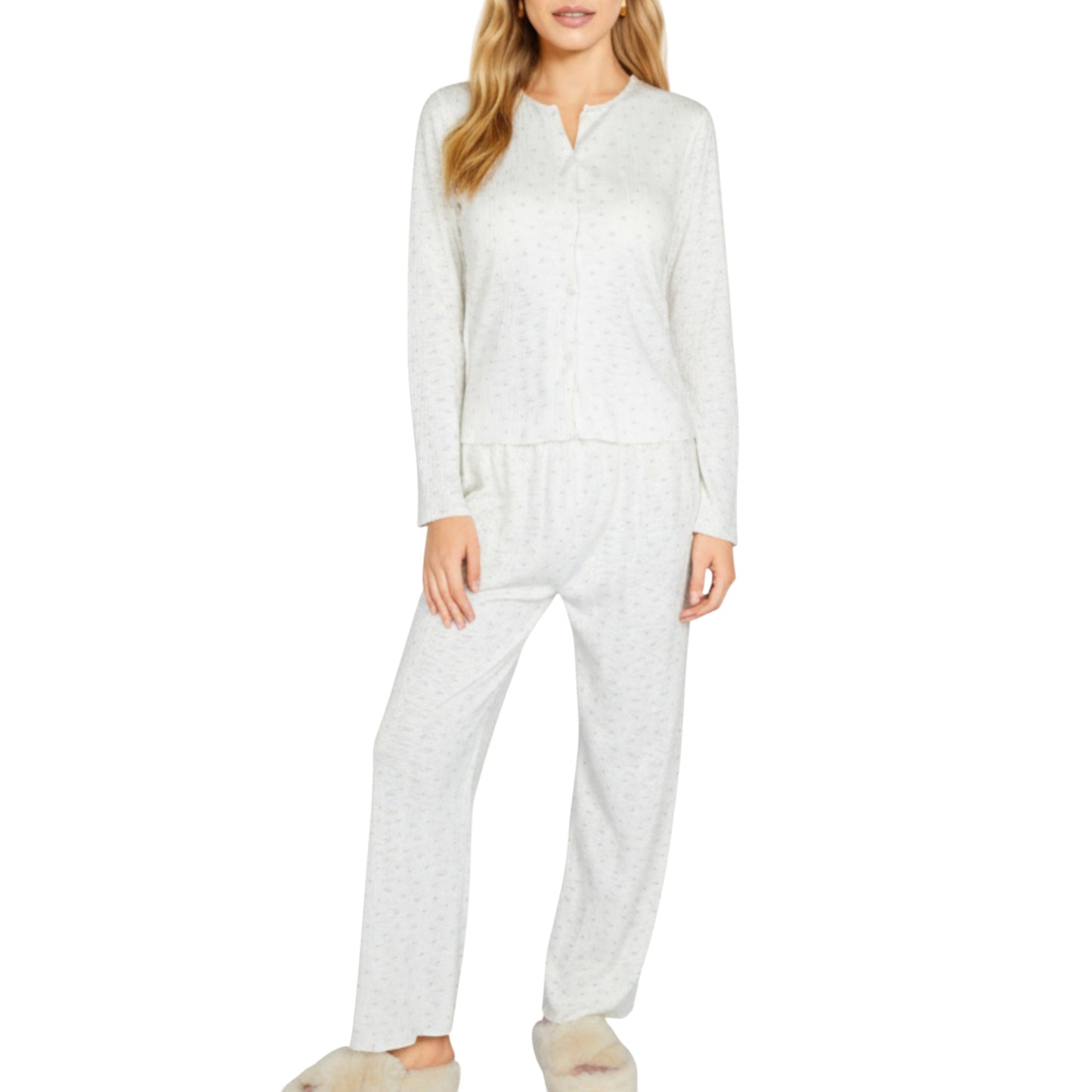 2-Piece Set Long Sleeve Button Front Top with Built-In Chest Pads and Relaxed Fit Pants Pajama Set in Soft Textured Fabric