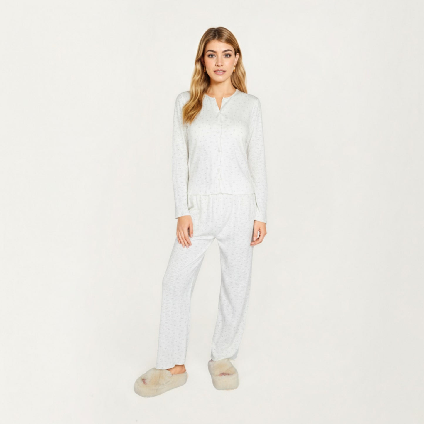 2-Piece Set Long Sleeve Button Front Top with Built-In Chest Pads and Relaxed Fit Pants Pajama Set in Soft Textured Fabric