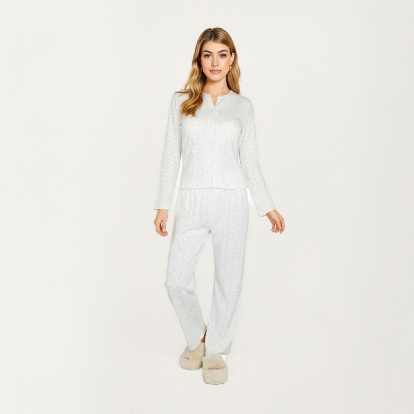 2-Piece Set Long Sleeve Button Front Top with Built-In Chest Pads and Relaxed Fit Pants Pajama Set in Soft Textured Fabric