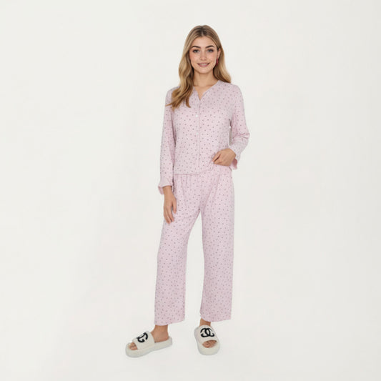 2-Piece Set Long Sleeve Button Front Top with Built-In Chest Pads and Relaxed Fit Pants Pajama Set in Soft Textured Fabric
