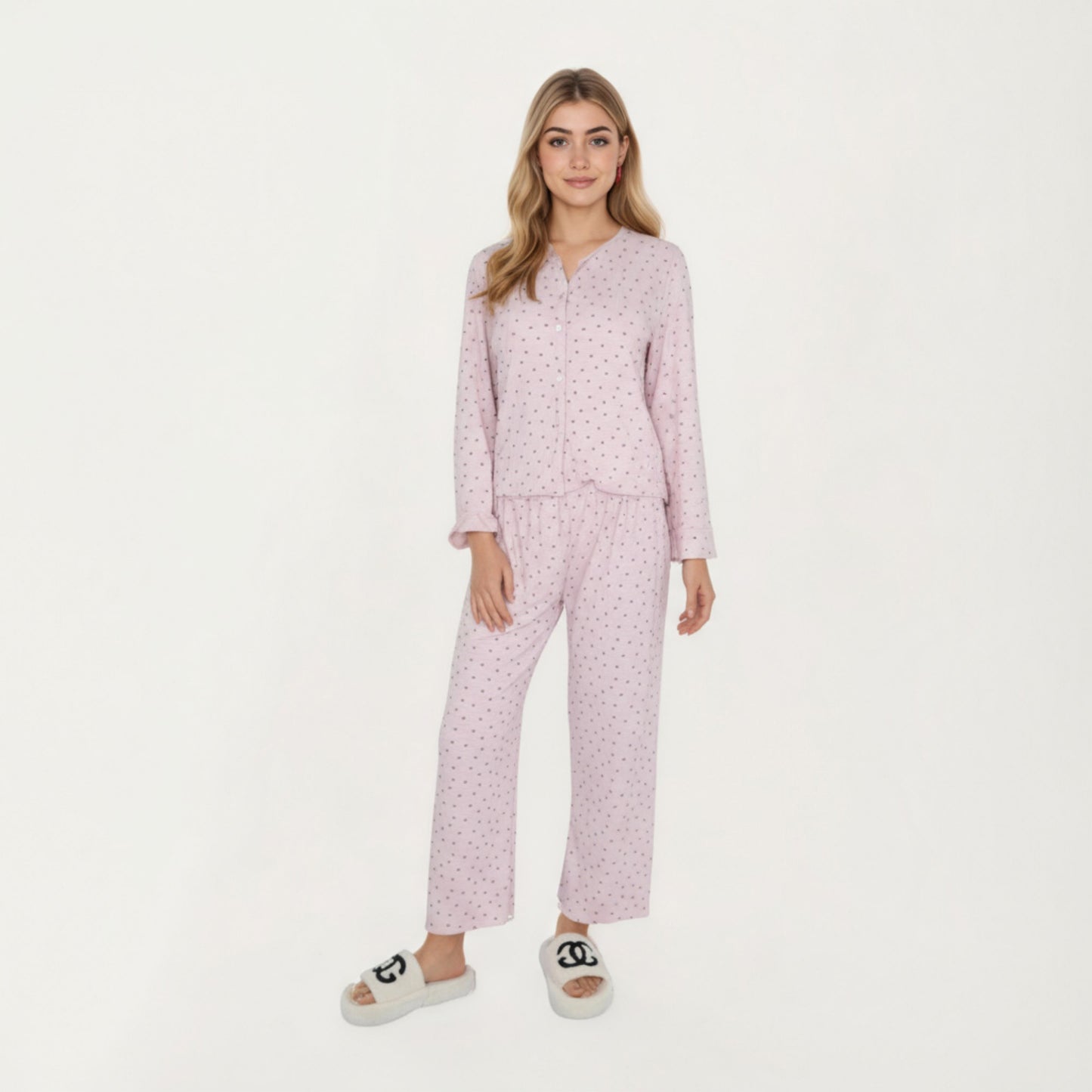 2-Piece Set Long Sleeve Button Front Top with Built-In Chest Pads and Relaxed Fit Pants Pajama Set in Soft Textured Fabric