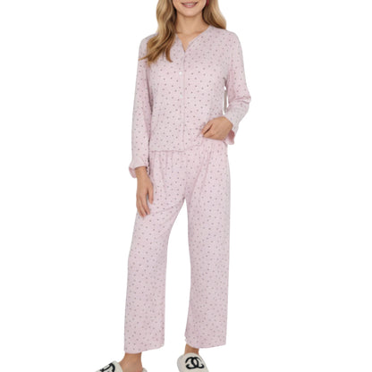 2-Piece Set Long Sleeve Button Front Top with Built-In Chest Pads and Relaxed Fit Pants Pajama Set in Soft Textured Fabric