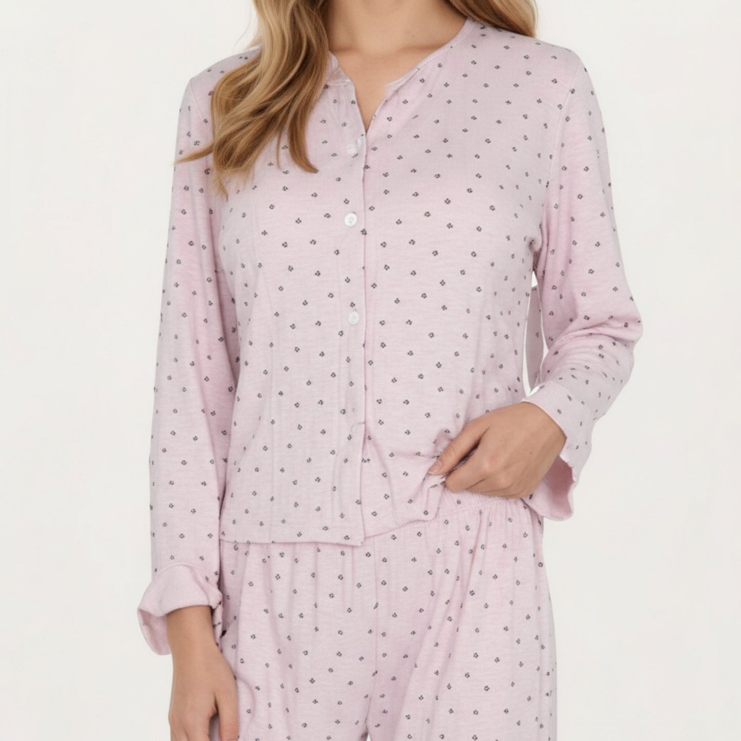 2-Piece Set Long Sleeve Button Front Top with Built-In Chest Pads and Relaxed Fit Pants Pajama Set in Soft Textured Fabric