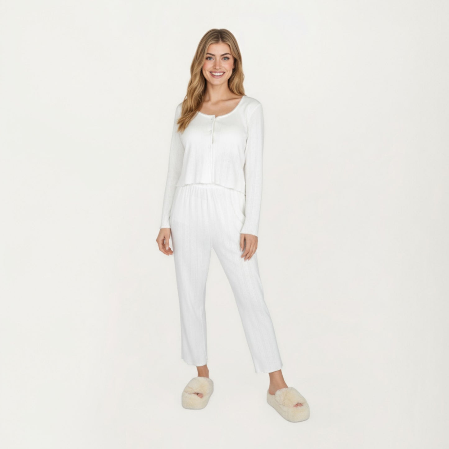 2-Piece Set Long Sleeve Button Front Top with Built-In Chest Pads and Relaxed Fit Pants Pajama Set in Soft Knit Fabric
