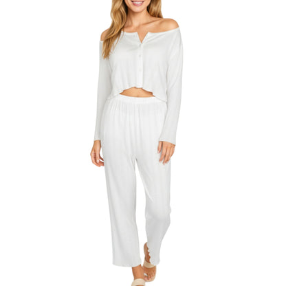 2-Piece Set Long Sleeve Button Front Top with Built-In Chest Pads and Relaxed Fit Pants Pajama Set in Soft Knit Fabric