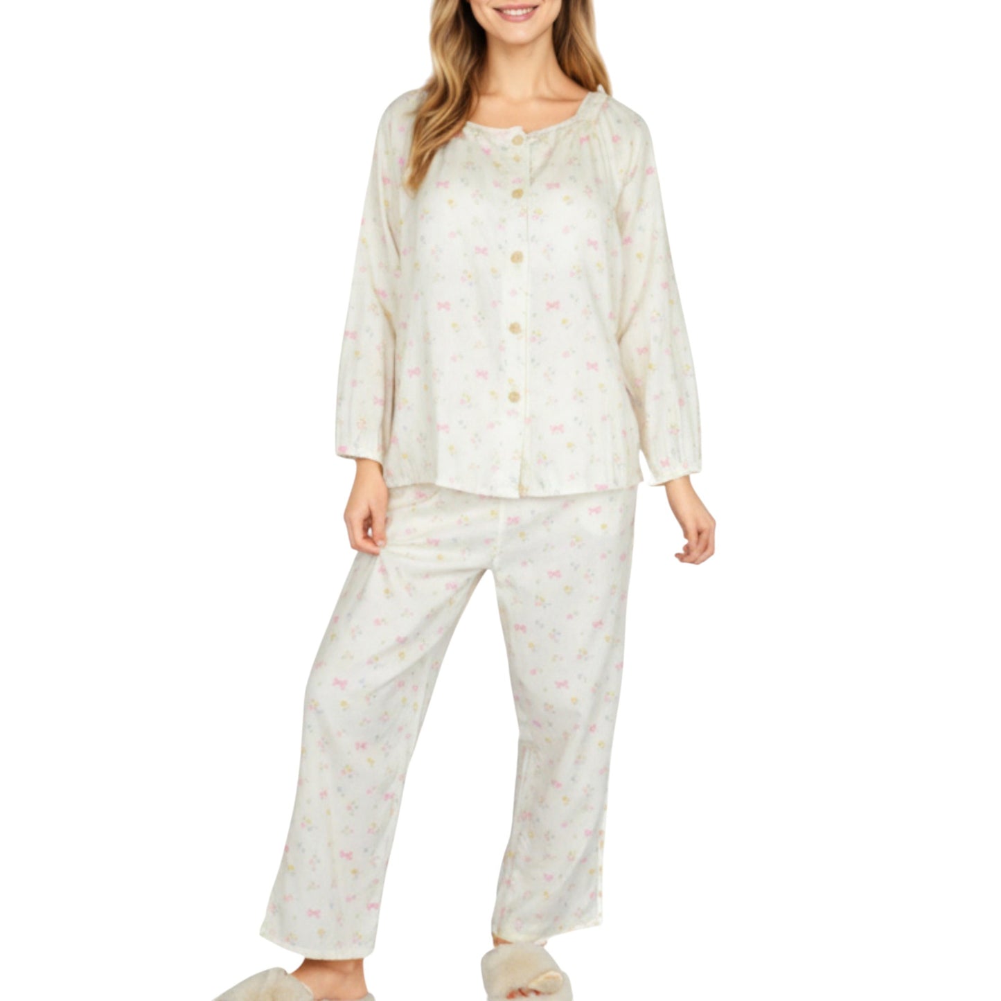 2-Piece Set Long Sleeve Button Front Top with Built-In Chest Pads and Relaxed Fit Pants Pajama Set with Floral Print
