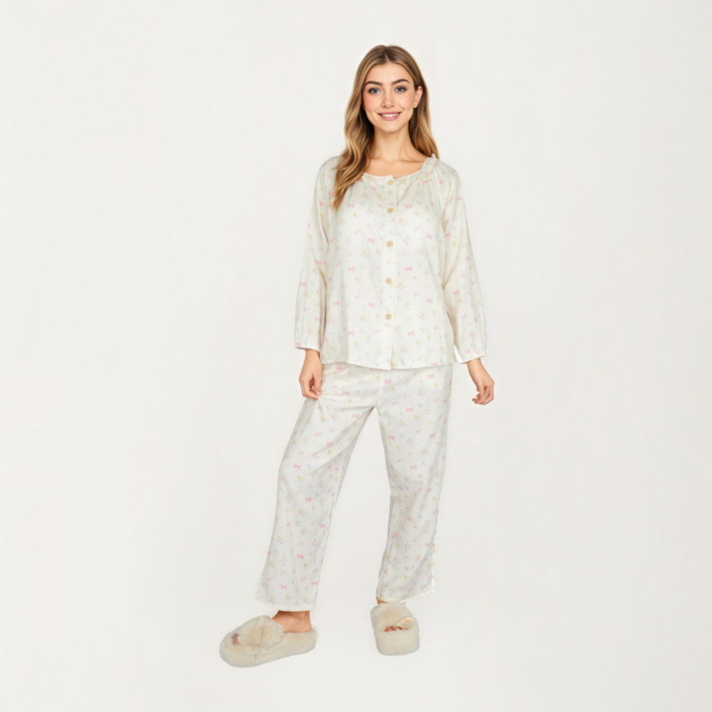 2-Piece Set Long Sleeve Button Front Top with Built-In Chest Pads and Relaxed Fit Pants Pajama Set with Floral Print