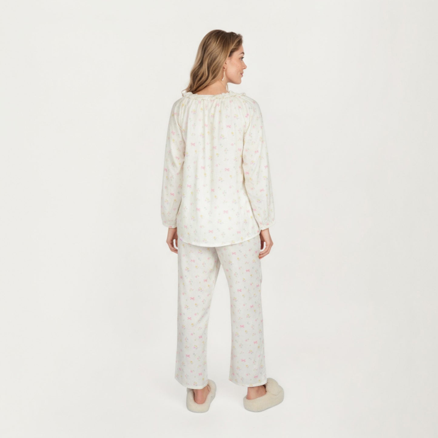 2-Piece Set Long Sleeve Button Front Top with Built-In Chest Pads and Relaxed Fit Pants Pajama Set with Floral Print