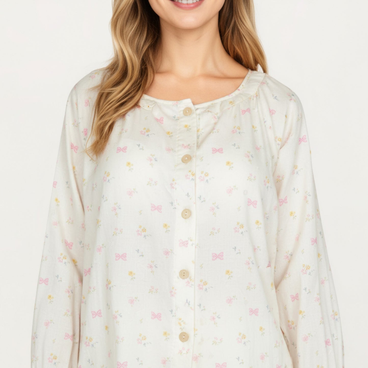 2-Piece Set Long Sleeve Button Front Top with Built-In Chest Pads and Relaxed Fit Pants Pajama Set with Floral Print