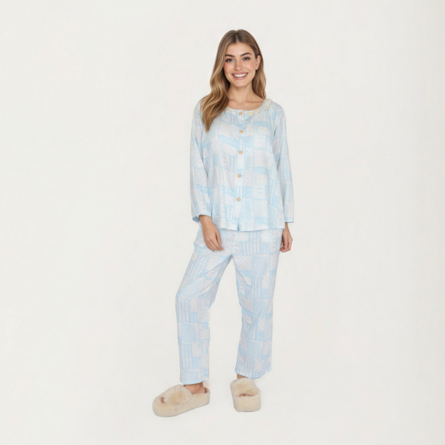 2-Piece Set Long Sleeve Button Front Top with Built-In Chest Pads and Relaxed Fit Pants Pajama Set with Floral Print