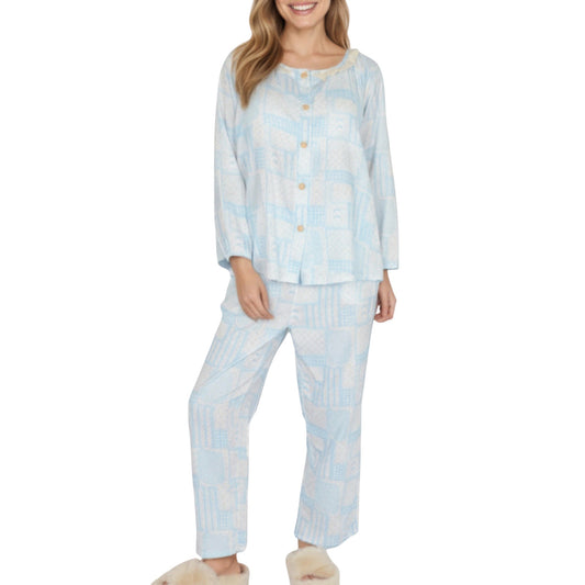 2-Piece Set Long Sleeve Button Front Top with Built-In Chest Pads and Relaxed Fit Pants Pajama Set with Floral Print