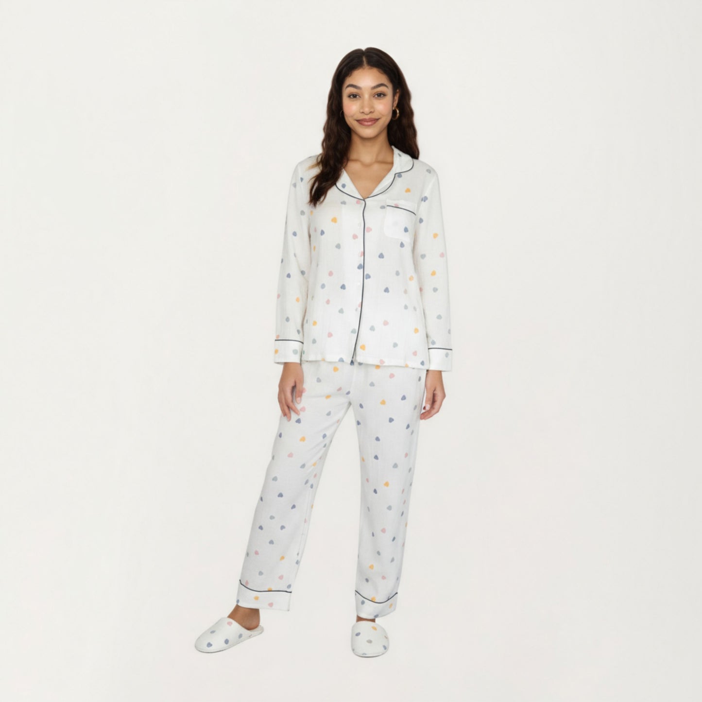 2-Piece Set Long Sleeve Button Front Top and Relaxed Fit Pants Pajama Set with Heart Print