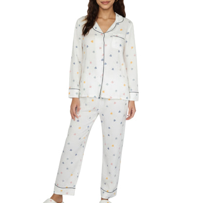 2-Piece Set Long Sleeve Button Front Top and Relaxed Fit Pants Pajama Set with Heart Print