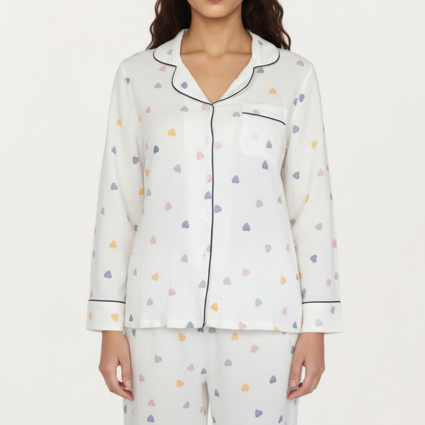 2-Piece Set Long Sleeve Button Front Top and Relaxed Fit Pants Pajama Set with Heart Print