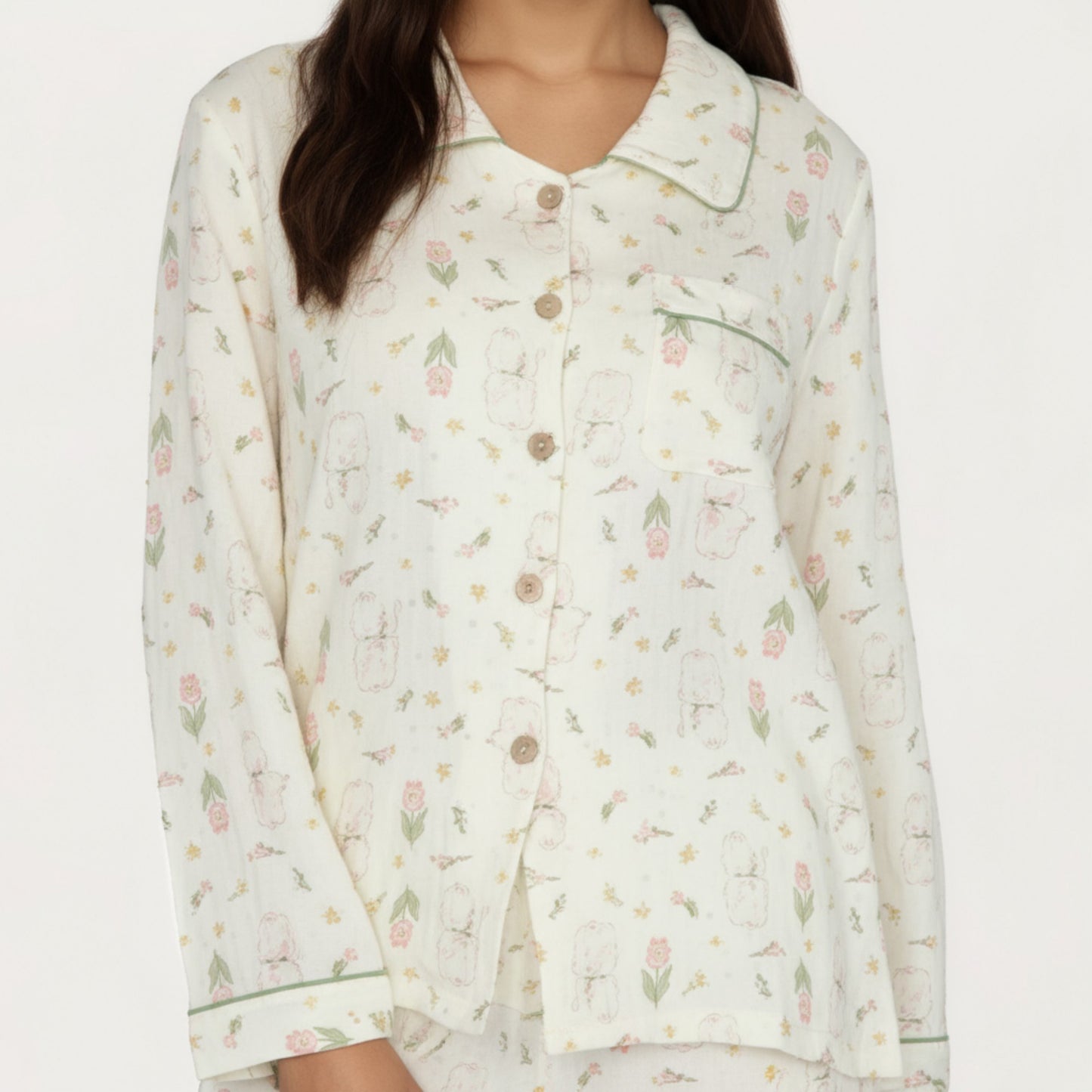 2-Piece Set Long Sleeve Button Front Top and Relaxed Fit Pants Pajama Set with Tulip Print