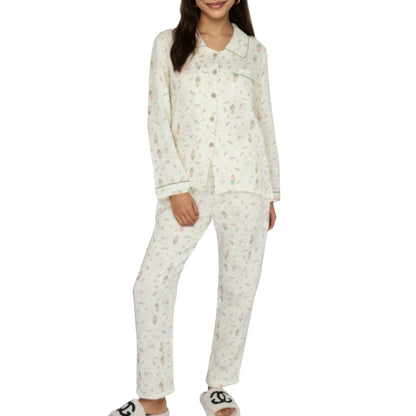 2-Piece Set Long Sleeve Button Front Top and Relaxed Fit Pants Pajama Set with Tulip Print