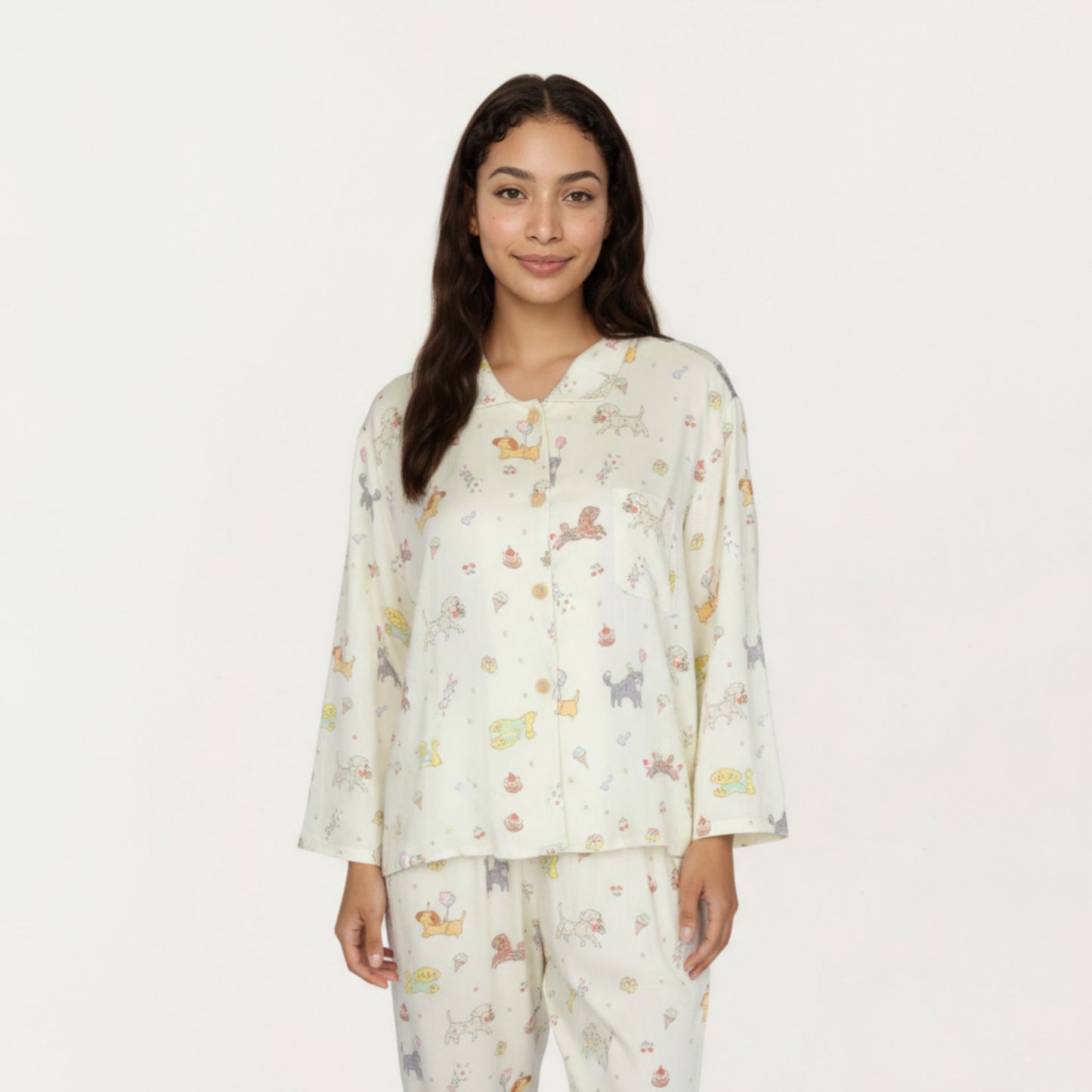 2-Piece Set Dog Print Button-Up Long Sleeve Pajama Top and Matching Pants