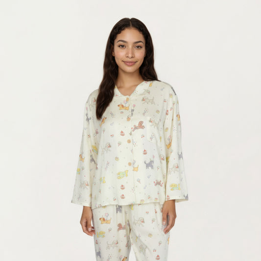 2-Piece Set Dog Print Button-Up Long Sleeve Pajama Top and Matching Pants