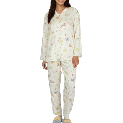 2-Piece Set Dog Print Button-Up Long Sleeve Pajama Top and Matching Pants