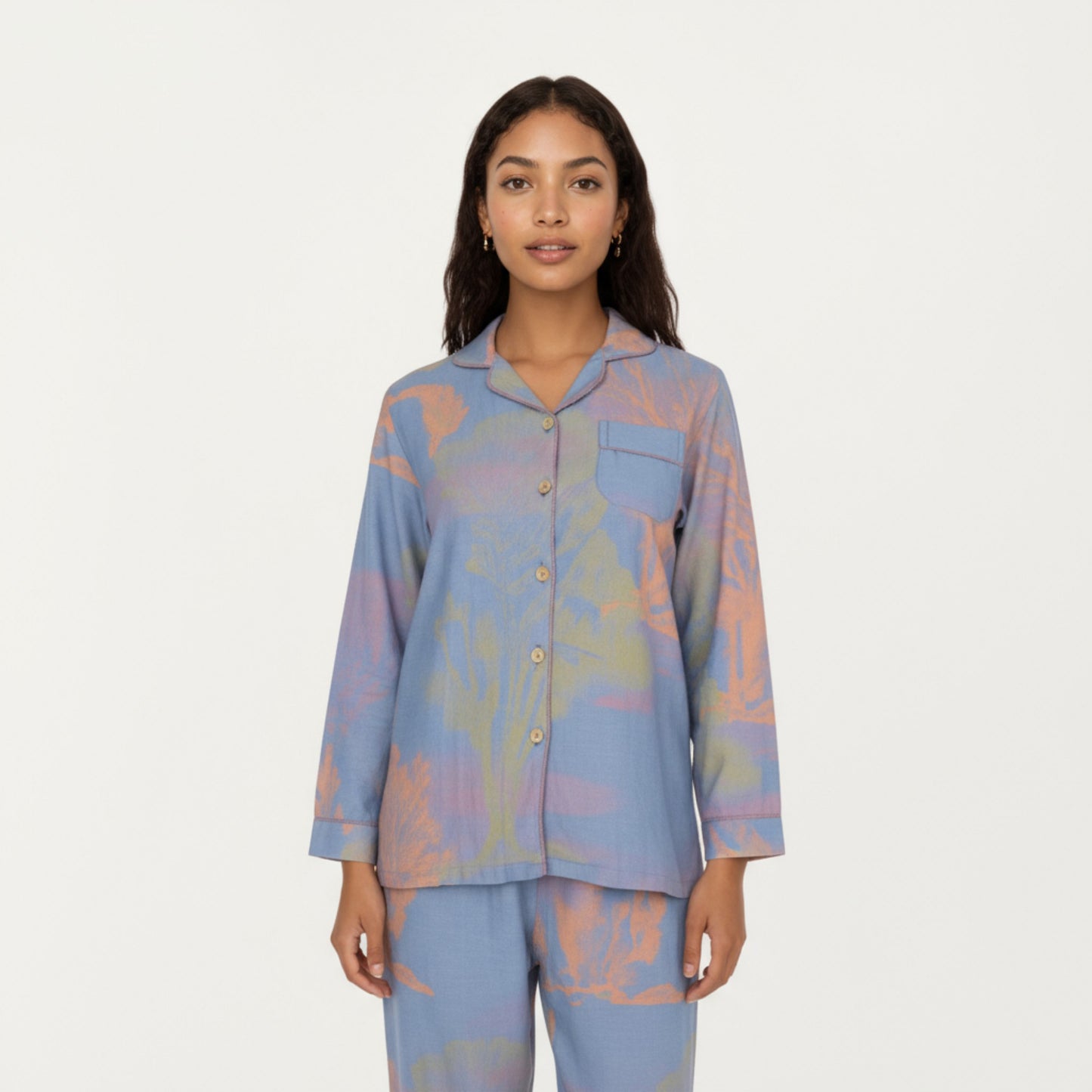 2-Piece Set Long Sleeve Button Front Top and Relaxed Fit Pants Pajama Set with Abstract Print