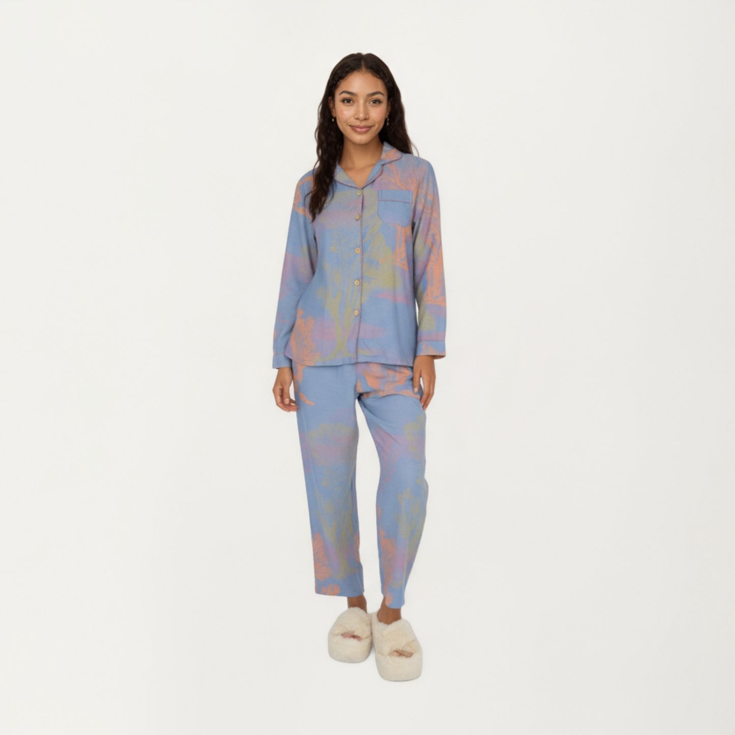 2-Piece Set Long Sleeve Button Front Top and Relaxed Fit Pants Pajama Set with Abstract Print