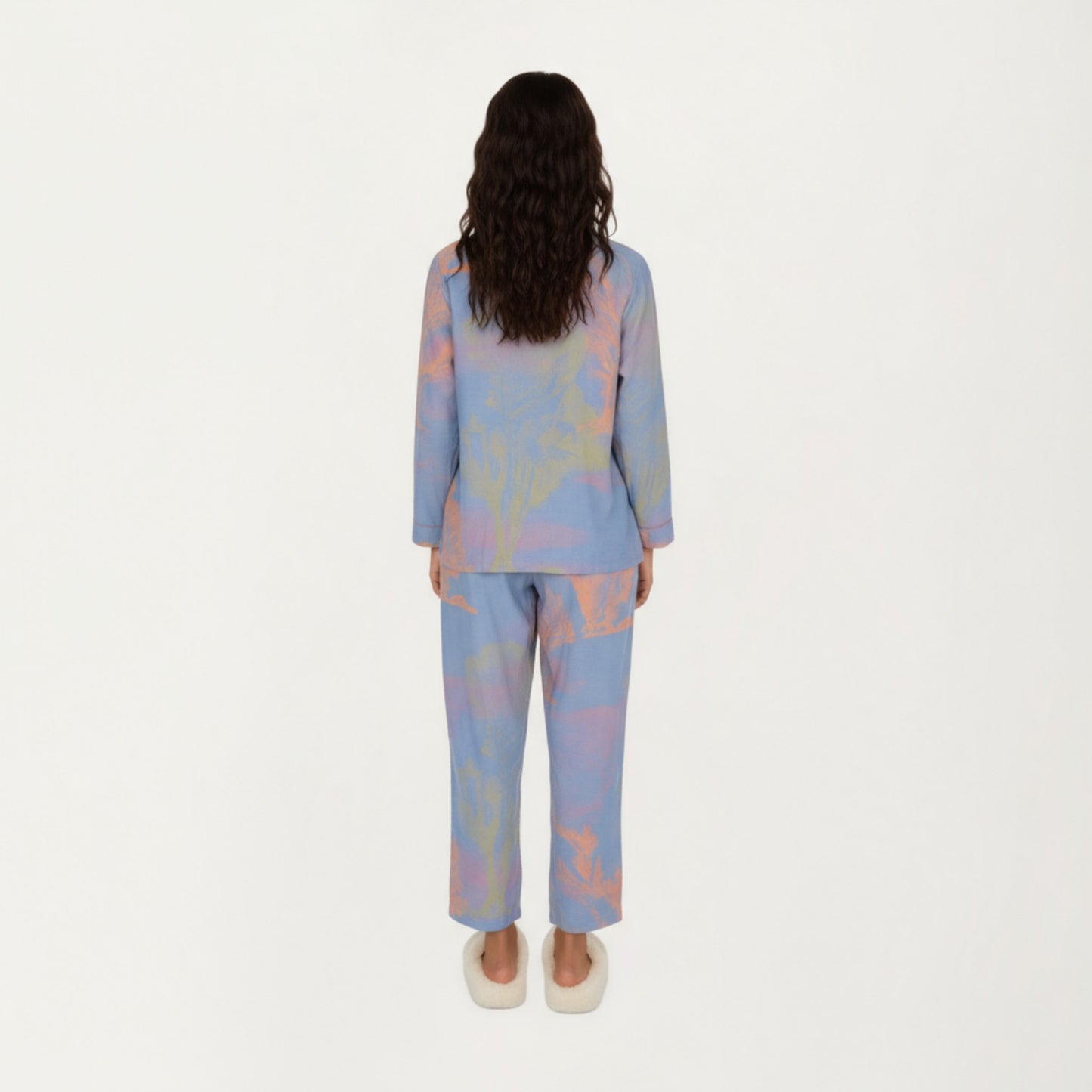 2-Piece Set Long Sleeve Button Front Top and Relaxed Fit Pants Pajama Set with Abstract Print