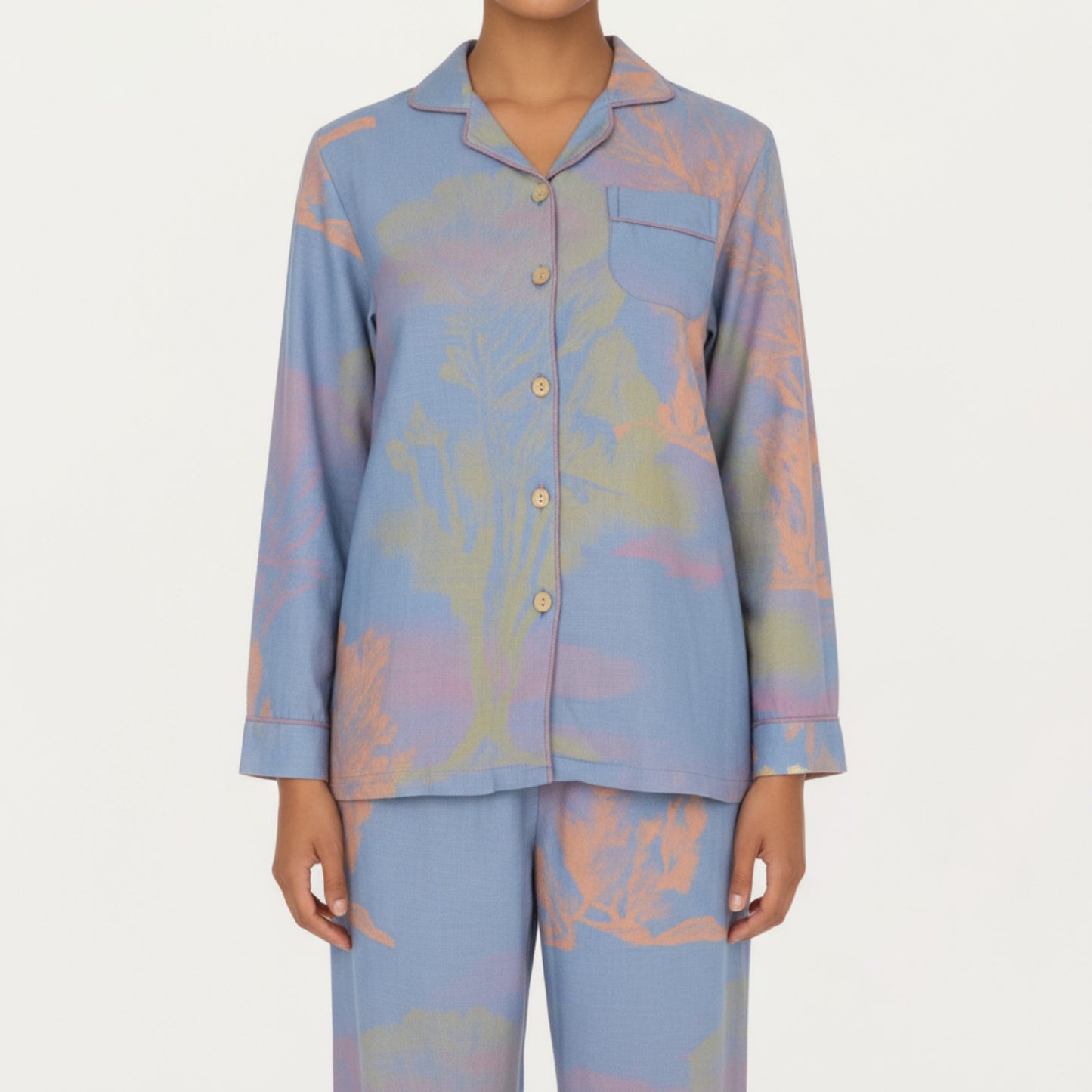 2-Piece Set Long Sleeve Button Front Top and Relaxed Fit Pants Pajama Set with Abstract Print