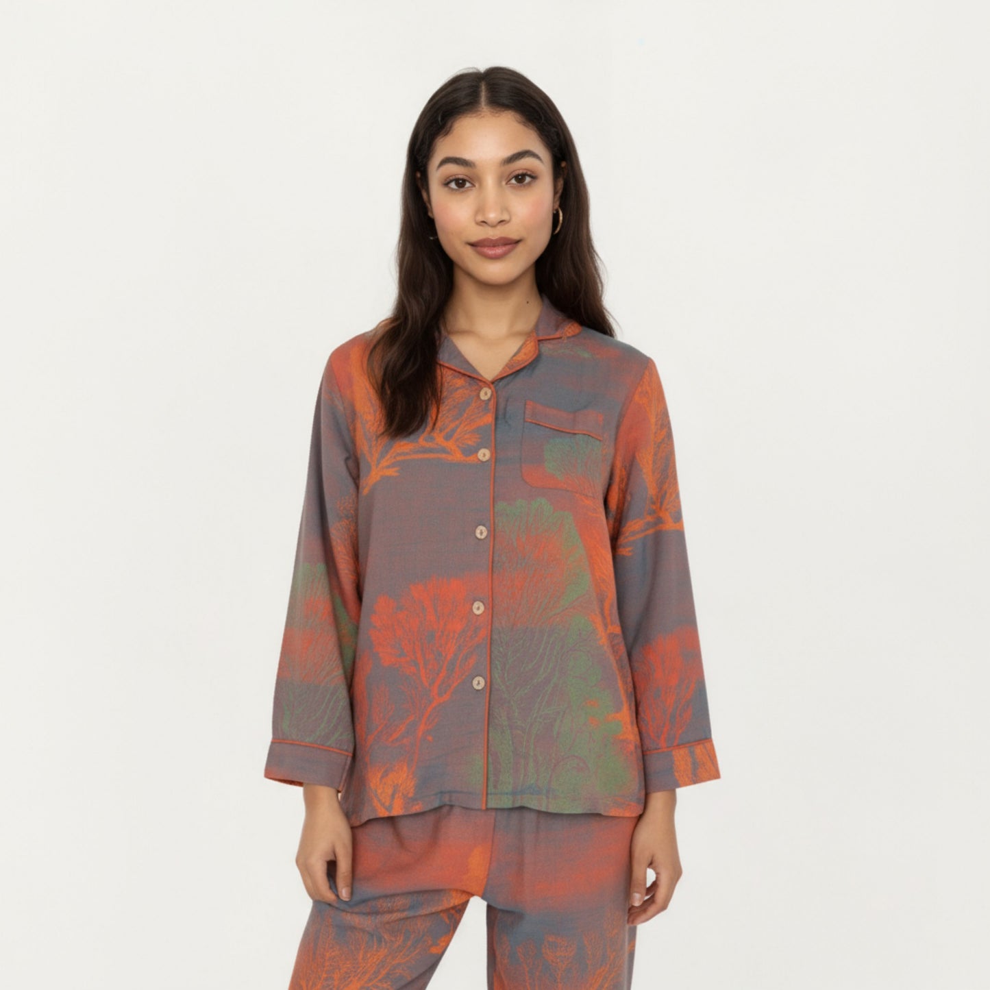 2-Piece Set Long Sleeve Button Front Top and Relaxed Fit Pants Pajama Set with Abstract Print