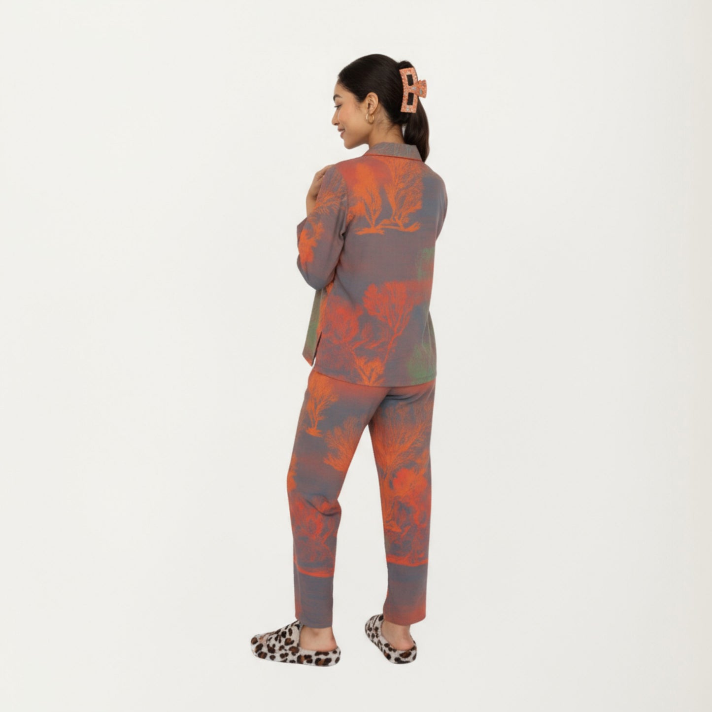 2-Piece Set Long Sleeve Button Front Top and Relaxed Fit Pants Pajama Set with Abstract Print