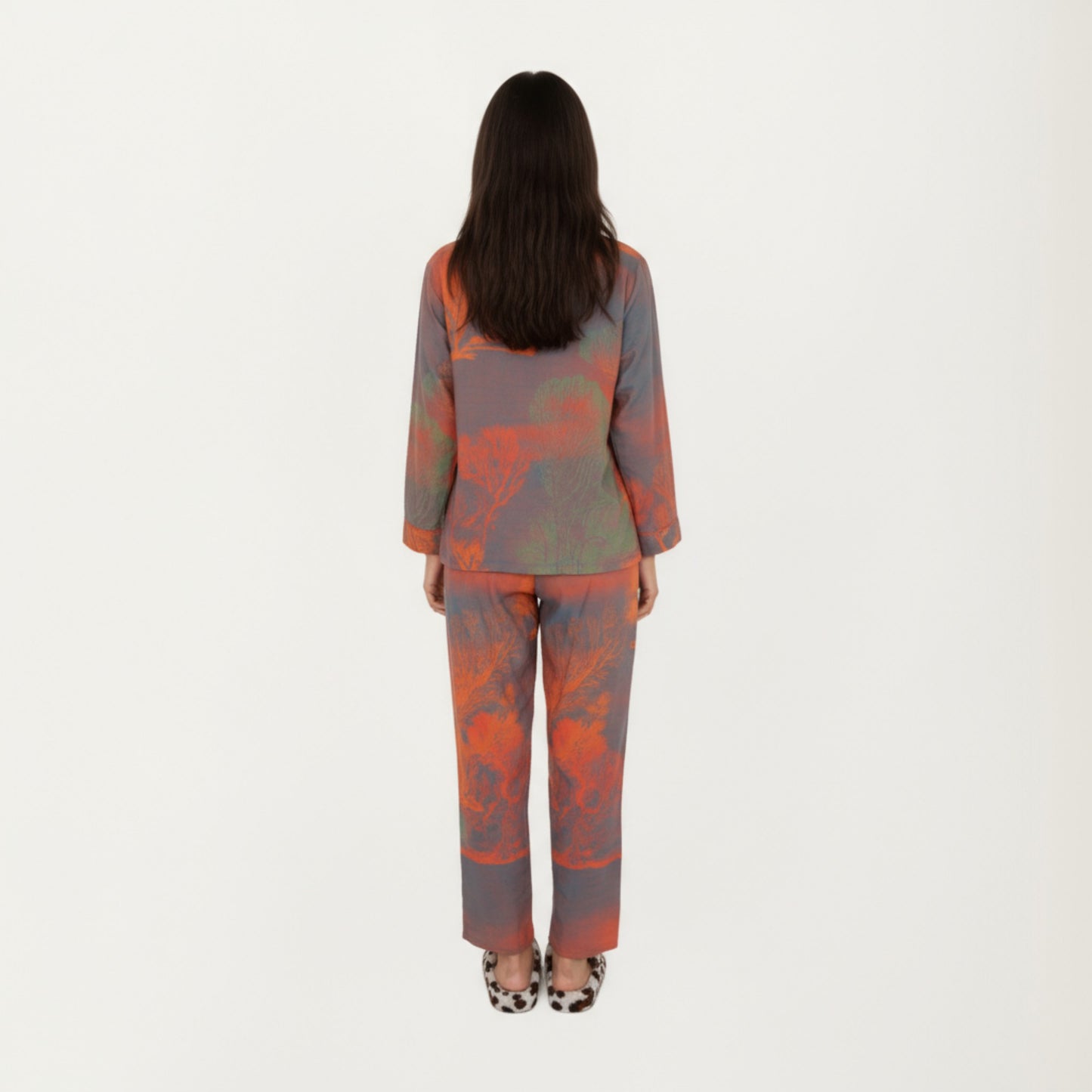 2-Piece Set Long Sleeve Button Front Top and Relaxed Fit Pants Pajama Set with Abstract Print