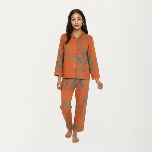 2-Piece Set Long Sleeve Button Front Top and Relaxed Fit Pants Pajama Set with Abstract Print