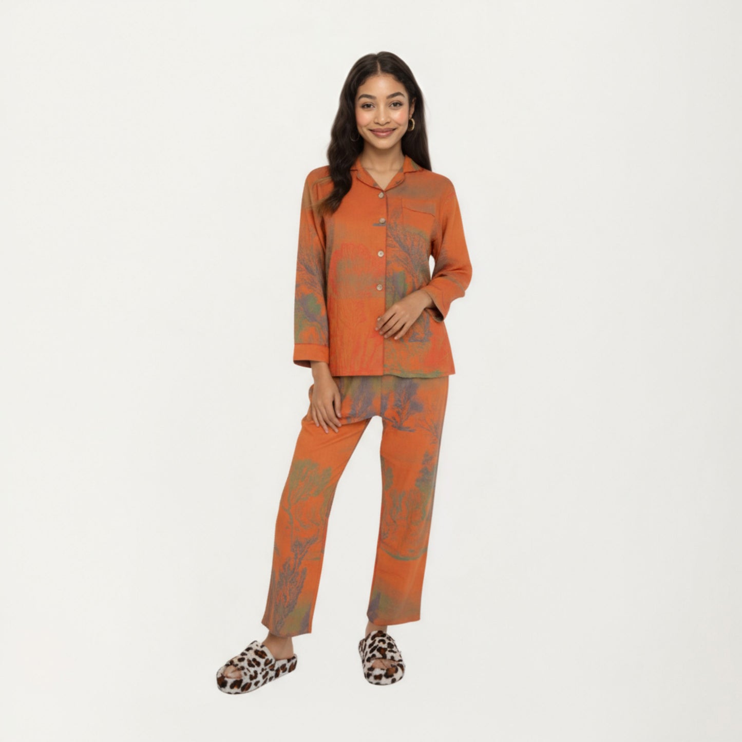 2-Piece Set Long Sleeve Button Front Top and Relaxed Fit Pants Pajama Set with Abstract Print