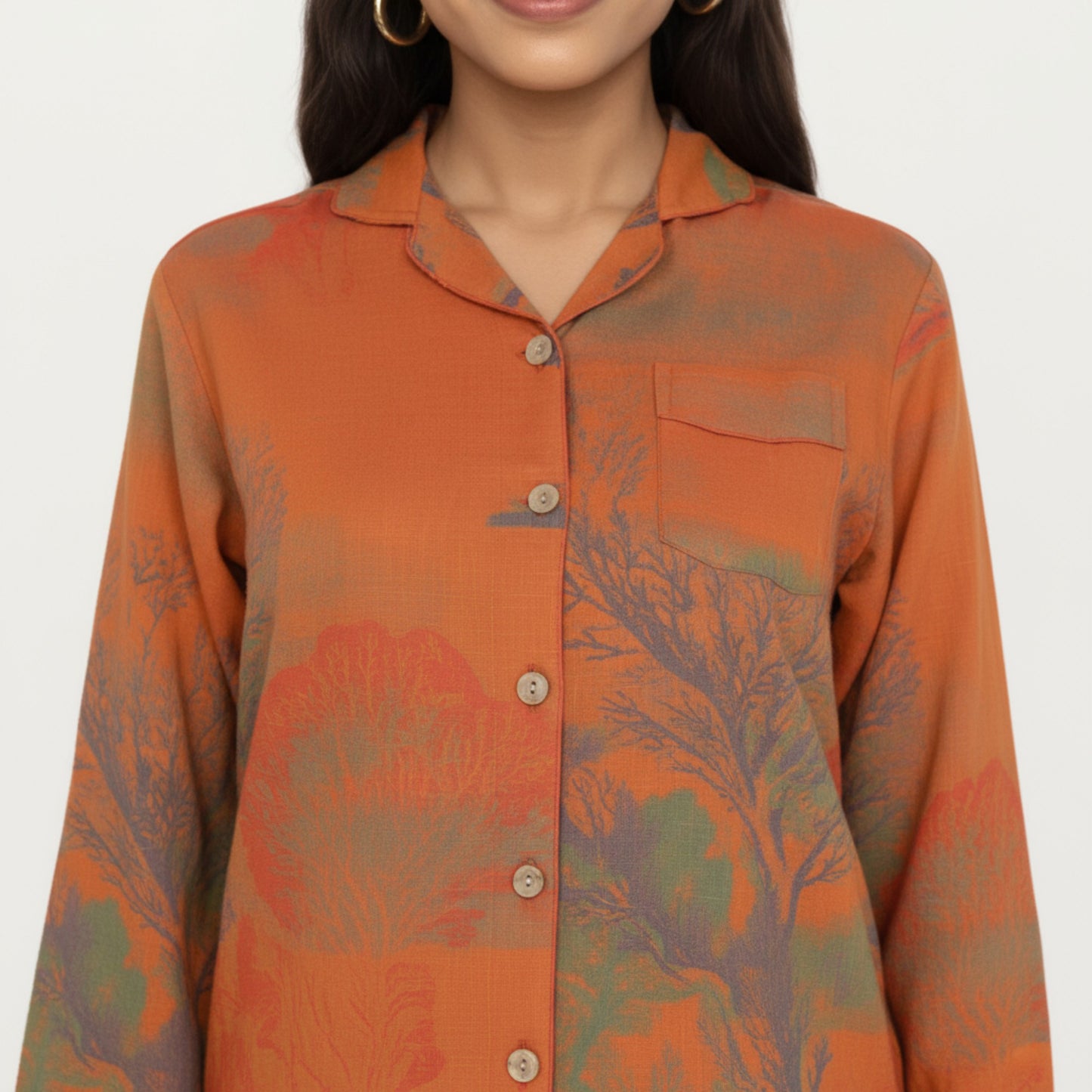 2-Piece Set Long Sleeve Button Front Top and Relaxed Fit Pants Pajama Set with Abstract Print